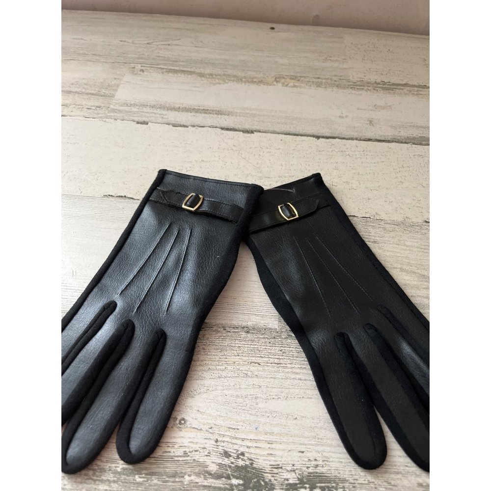 Black fashion gloves with gold tone buckle made in Japan